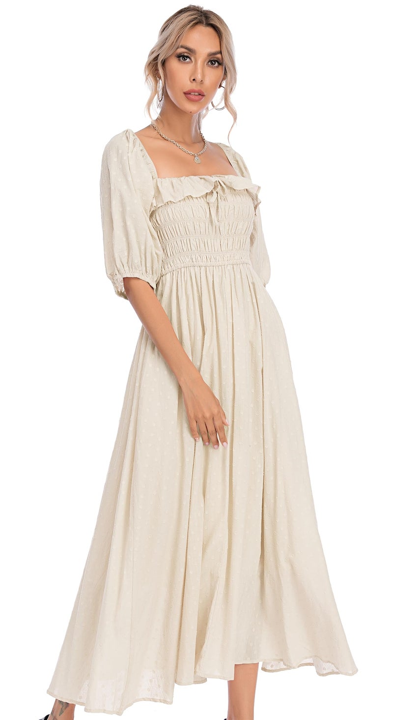 R.Vivimos Women Summer Half Sleeve Cotton Ruffled Vintage Elegant Backless A Line Flowy Long Dresses (Medium, Beige-1) - Image 3